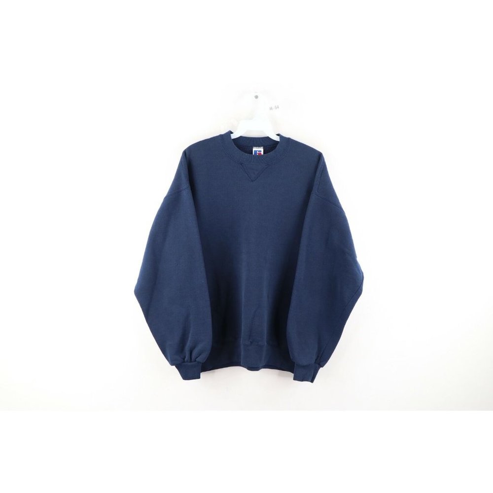 Vintage 90s Russell Athletic Mens Large Faded Blank Crewneck Sweatshirt Navy USA